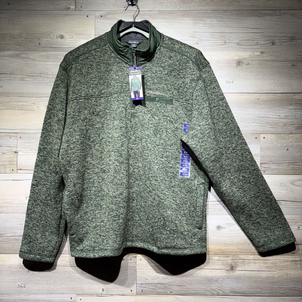 Eddie Bauer Men's XXL 1/4 Zip Pullover Sweater Fleece Heather Green Pockets